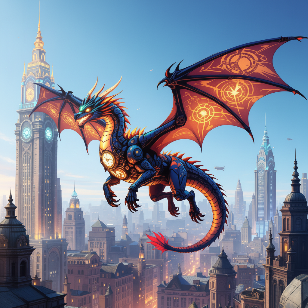 A mechanical, glowing steampunk dragon flying over a bright city skyline at dusk with Art Deco buildings.